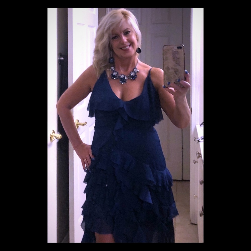 Blue ruffled chiffon dress with slit